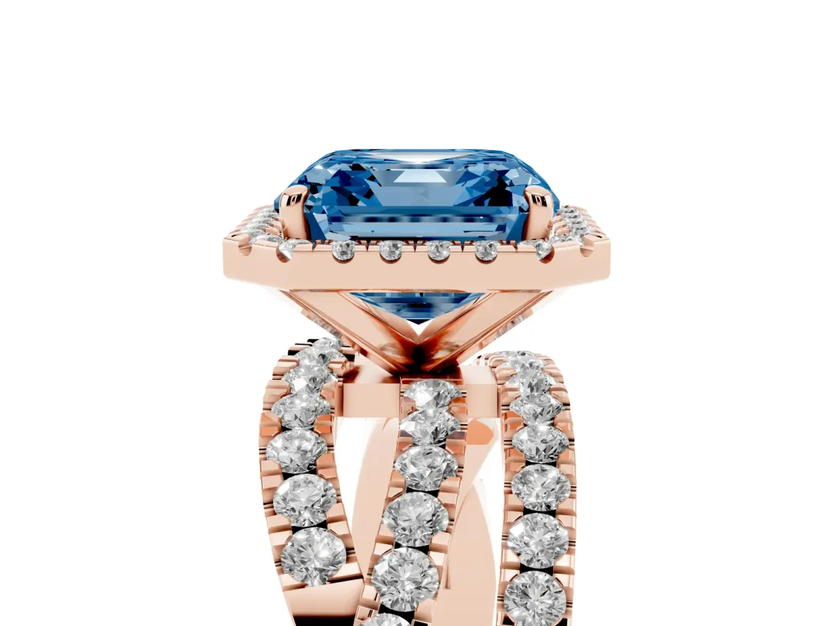 Fancy Blue Asscher Cut Diamond Halo Ring with Round Split Shank and Prong Setting Rose gold