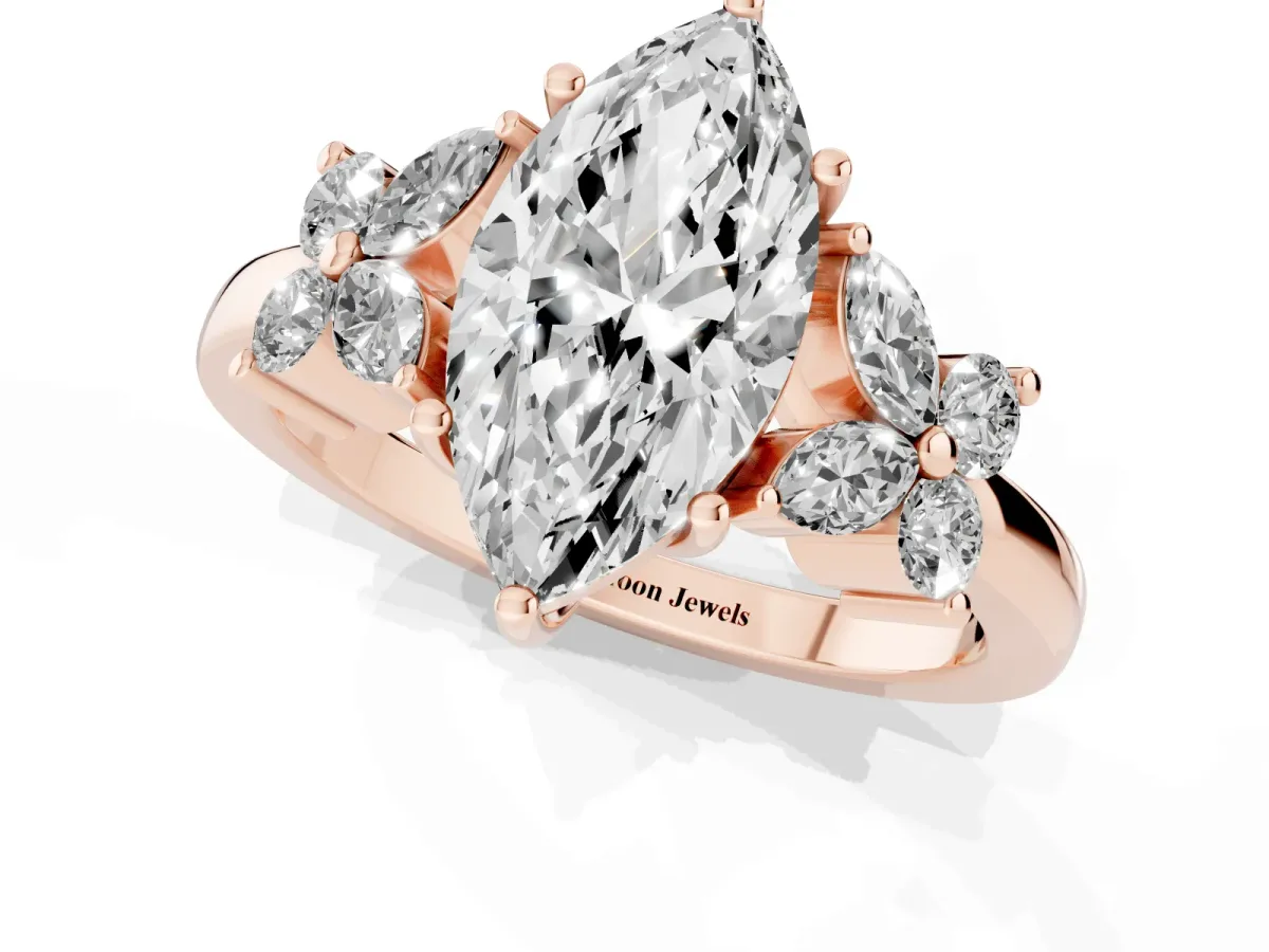 Marquise Cut Diamond Floral Cluster Ring with Solitaire Band and Prong Setting Rose gold