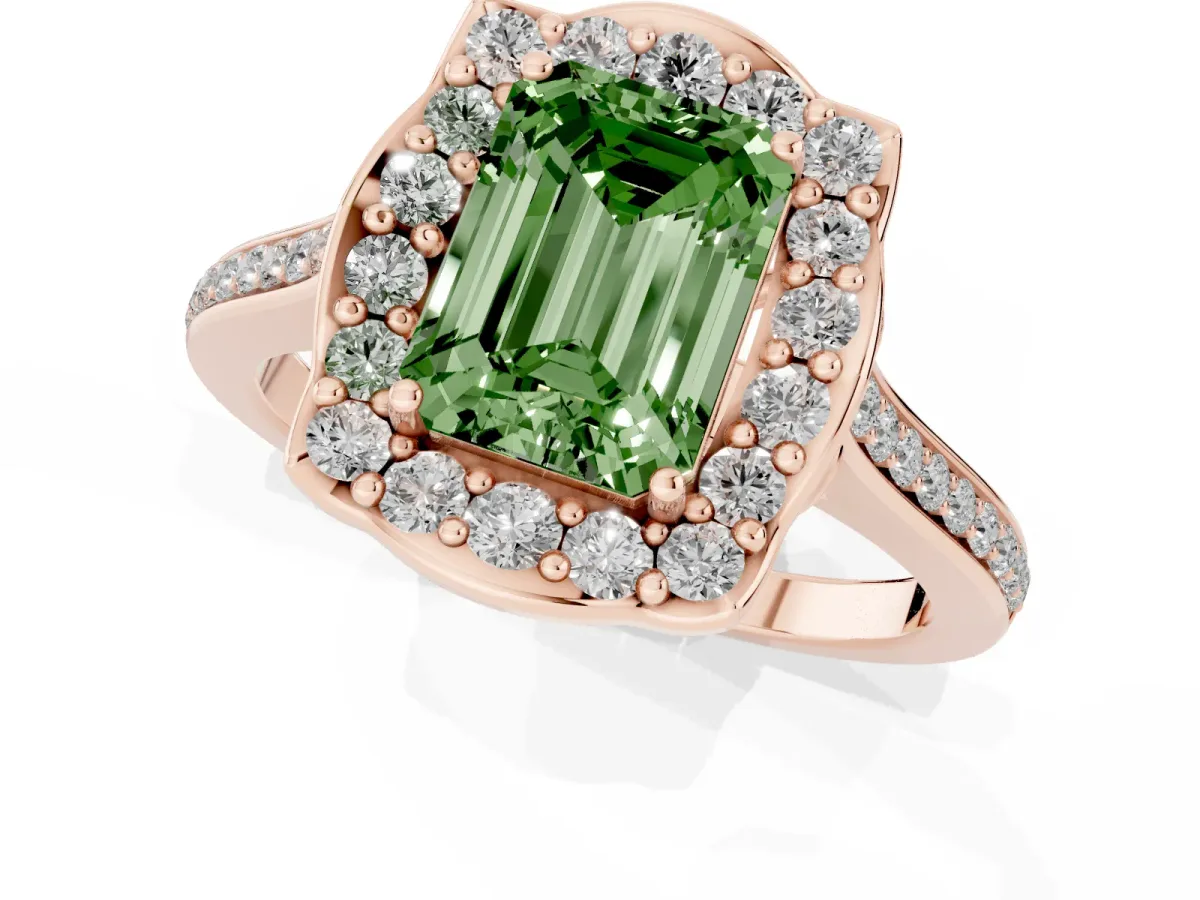 Fancy Green Emerald Cut Halo Round Diamond Pave Band with Four-Prong Setting Rose gold