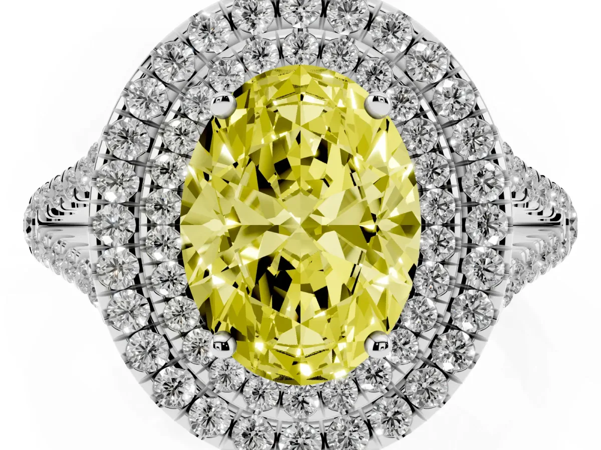 Fancy Yellow Oval Cut Diamond Double Halo Ring with Pavé Band and Prong Setting Platinum