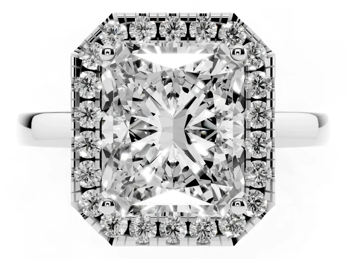 Radiant Cut Halo Diamond Solitaire with Pavé Band and Four-Prong Setting Silver