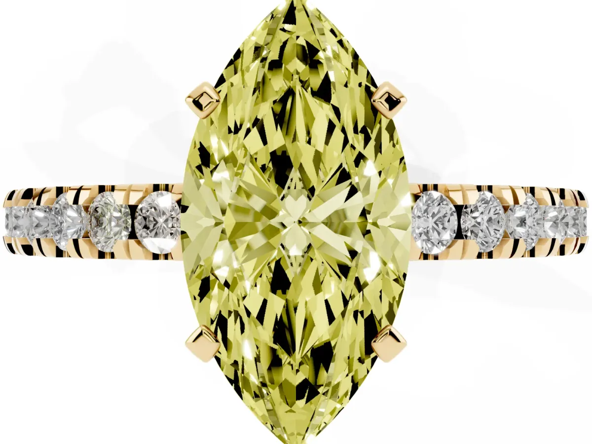 Fancy Yellow Marquise Cut Solitaire Diamond with Pavé Band and Four-Prong Setting Yellow gold