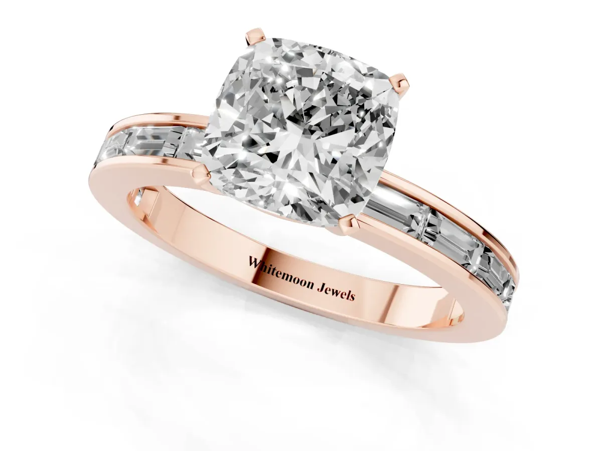 Cushion Cut Solitaire Diamond Ring with Channel-Set Baguette Band and Four-Prong Setting Rose gold