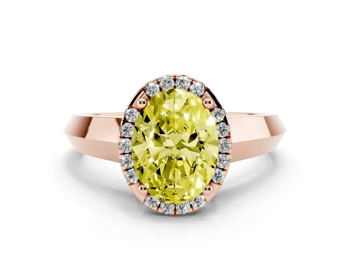 Fancy Yellow Oval Cut Halo Diamond Ring with Cathedral Band and Four-Prong Setting Rose gold