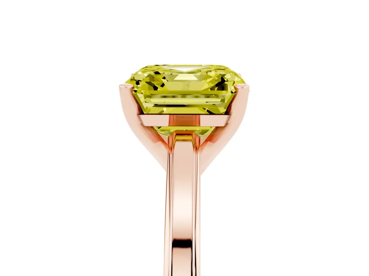 Fancy Yellow Asscher Cut Solitaire Diamond Ring with Four-Prong Setting and Classic Band Rose gold