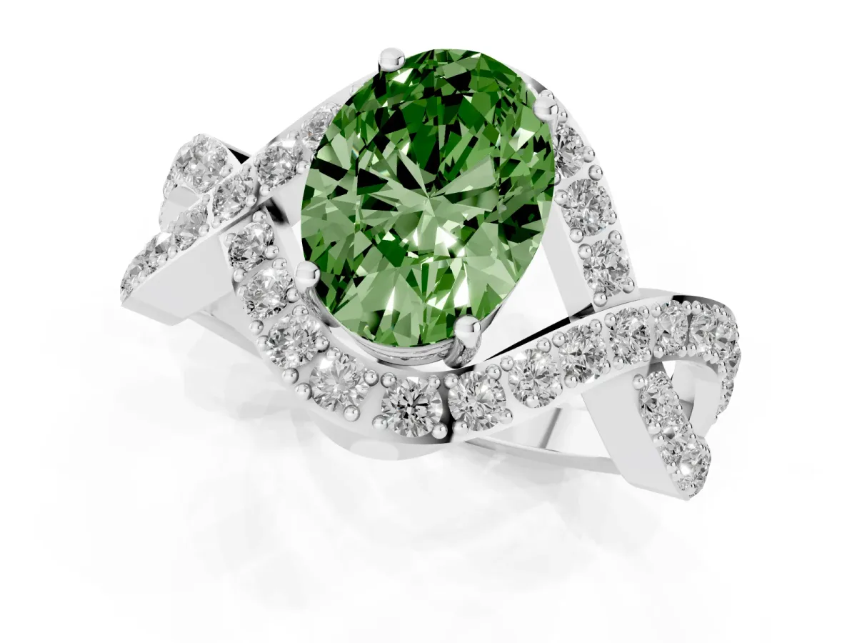 Fancy Green Oval Cut Solitaire Twist Band Pavé Diamond Engagement Ring Platinum