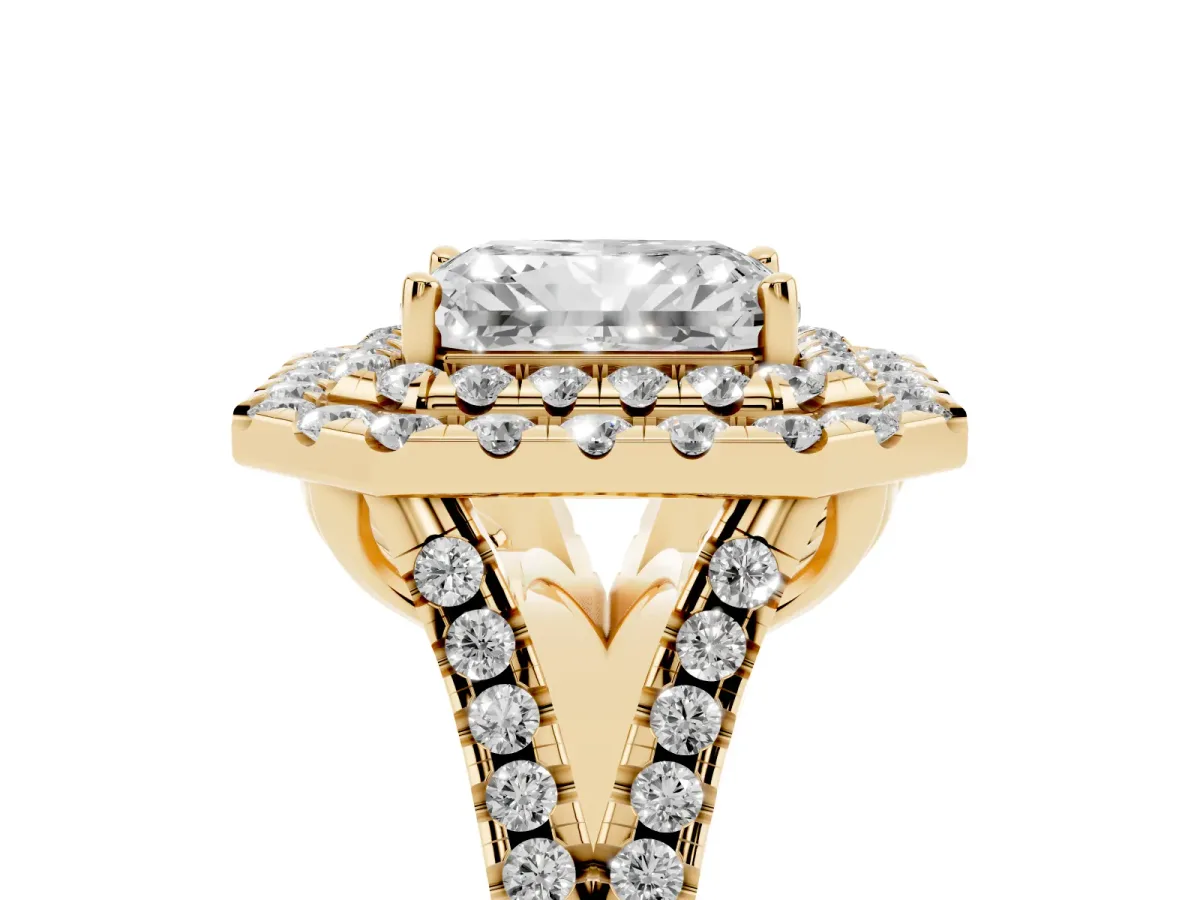 Double Halo Radiant Cut Diamond Pavé Split Shank Ring with Prong Setting Yellow gold