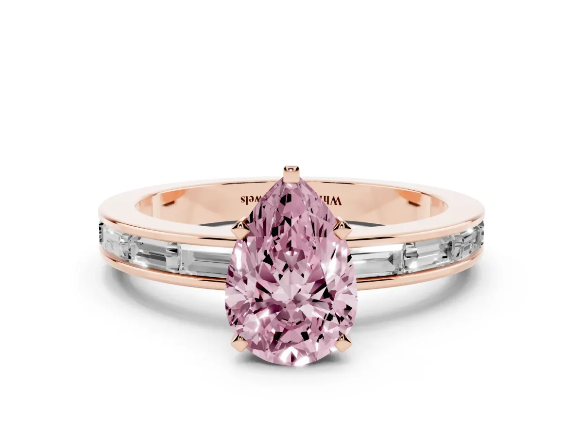 Fancy Pink Pear Cut Solitaire Diamond Ring with Channel-Set Baguette Band and Four-Prong Setting Rose gold