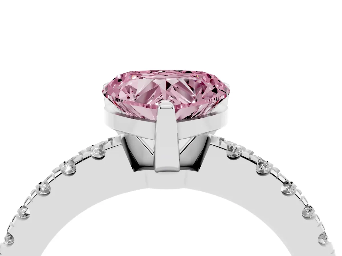 Fancy Pink Heart Cut Solitaire Diamond with Pavé Band and Four-Prong Setting White gold
