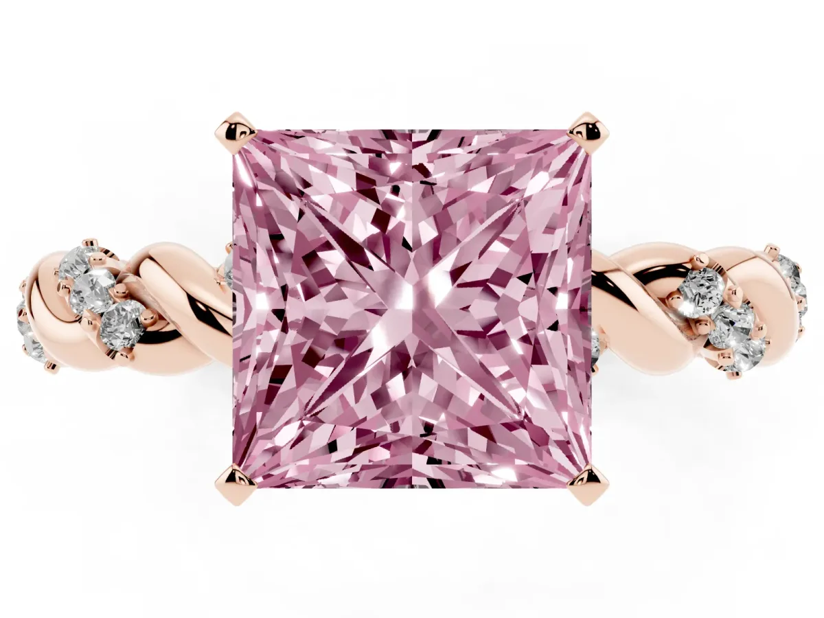 Fancy Pink Princess Cut Diamond Solitaire Ring with Twisted Band and Pavé Accents Rose gold