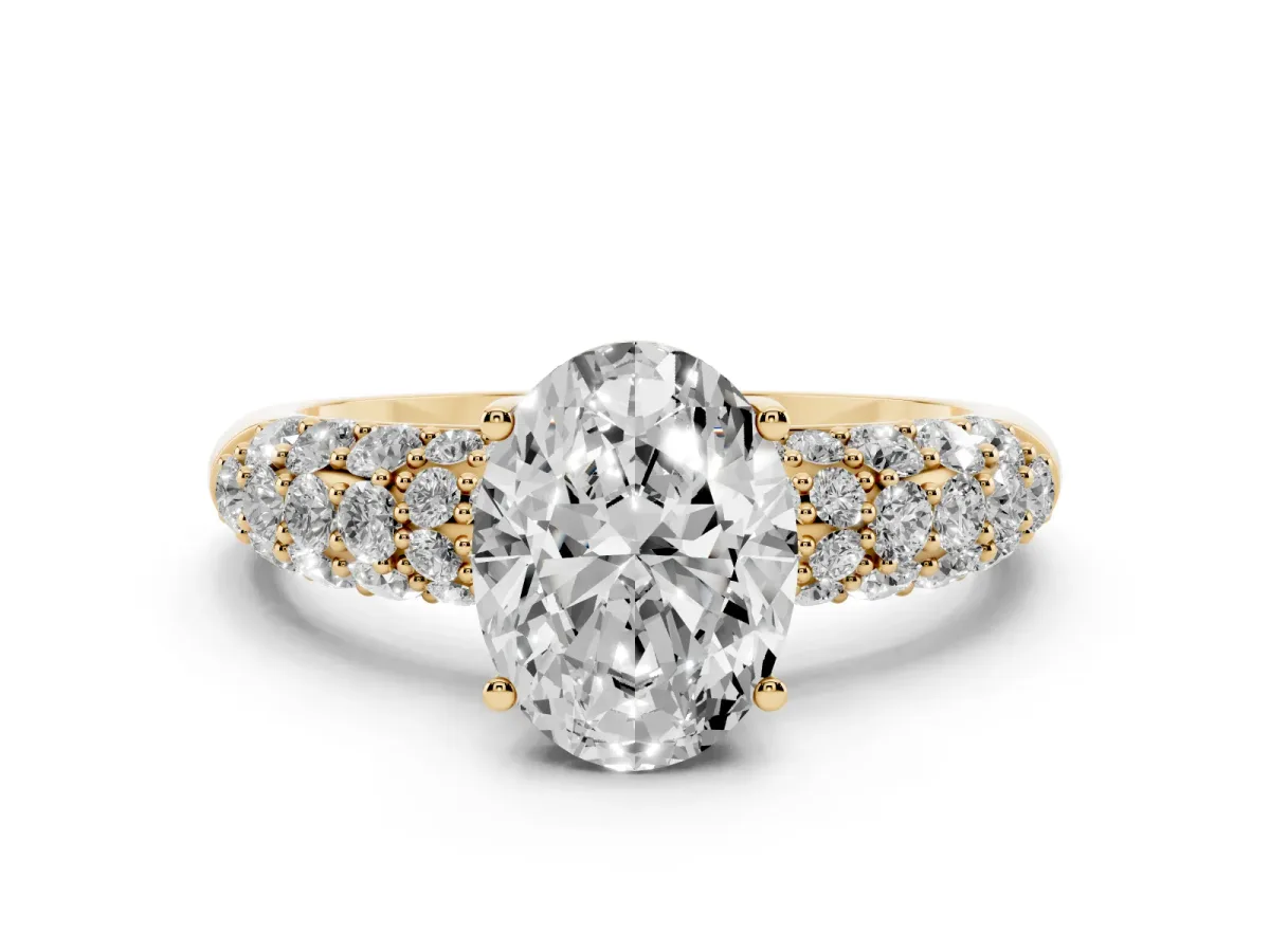 Oval Cut Diamond Pavé Band Solitaire Ring with Four-Prong Setting Yellow gold