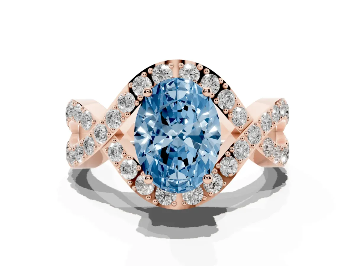 Fancy Blue Oval Cut Solitaire Twist Band Pavé Diamond Engagement Ring Rose gold