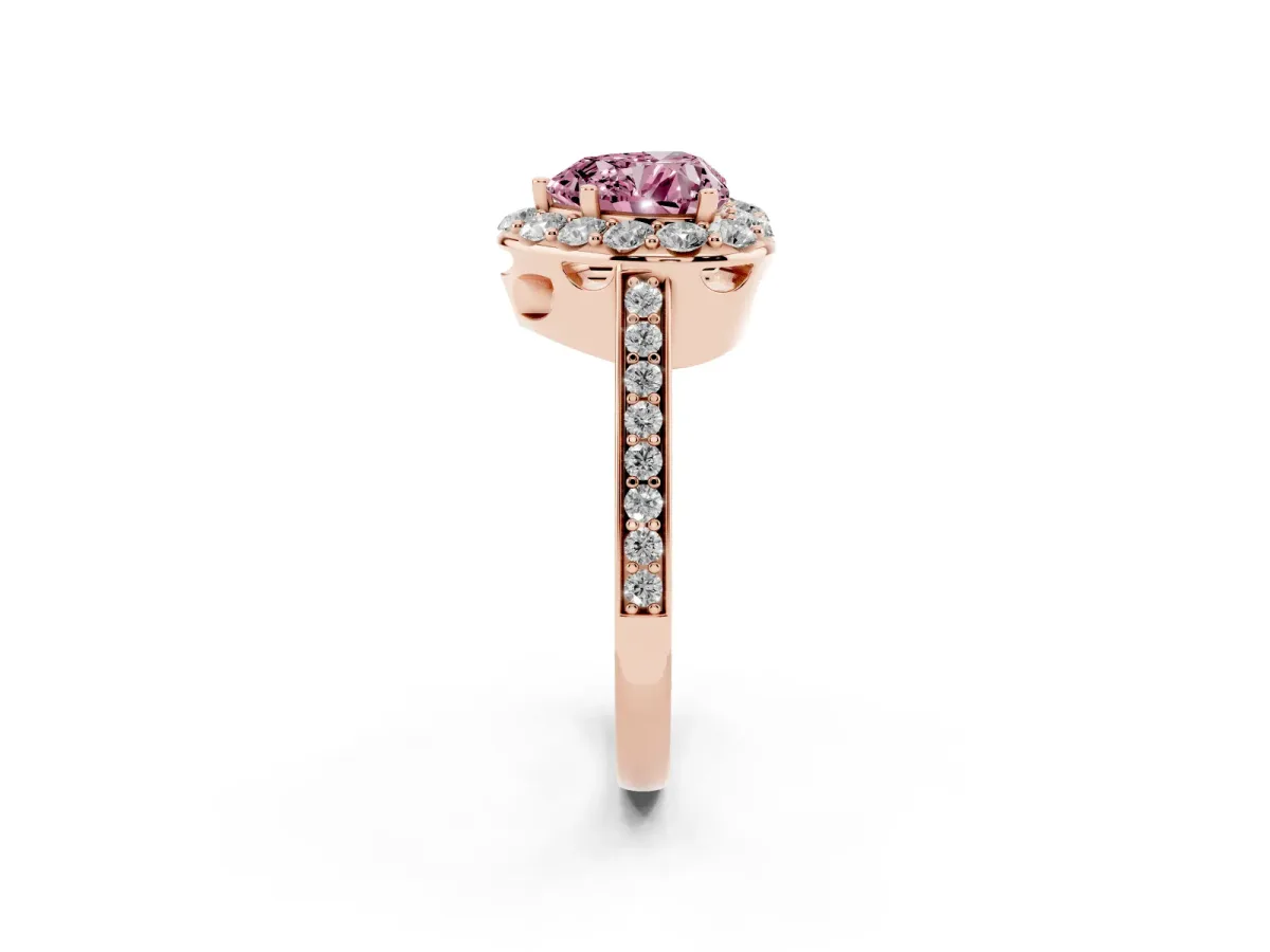 Fancy Pink Heart Cut Diamond Floral Halo Ring with Pavé Band and Prong Setting Rose gold