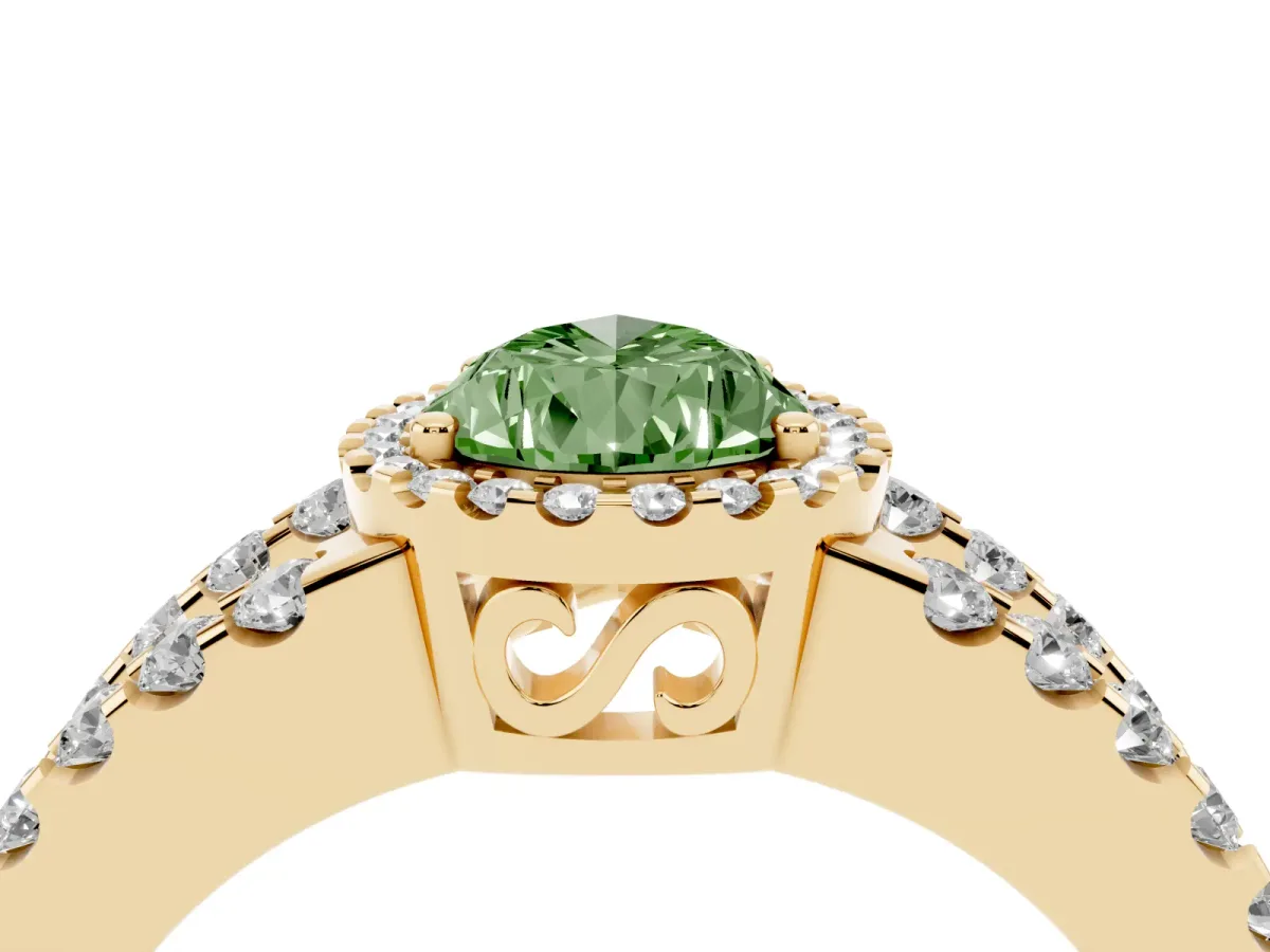 Fancy Green Pear Cut Cut Halo Split Shank Diamond Ring with Four-Prong Setting Yellow gold