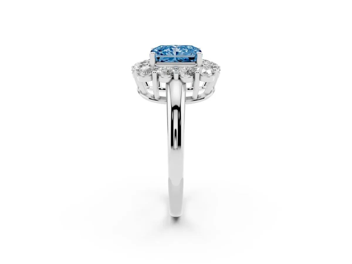 Fancy Blue Radiant Cut Halo Cluster Diamond Engagement Ring with Prong Setting and Polished Band Platinum