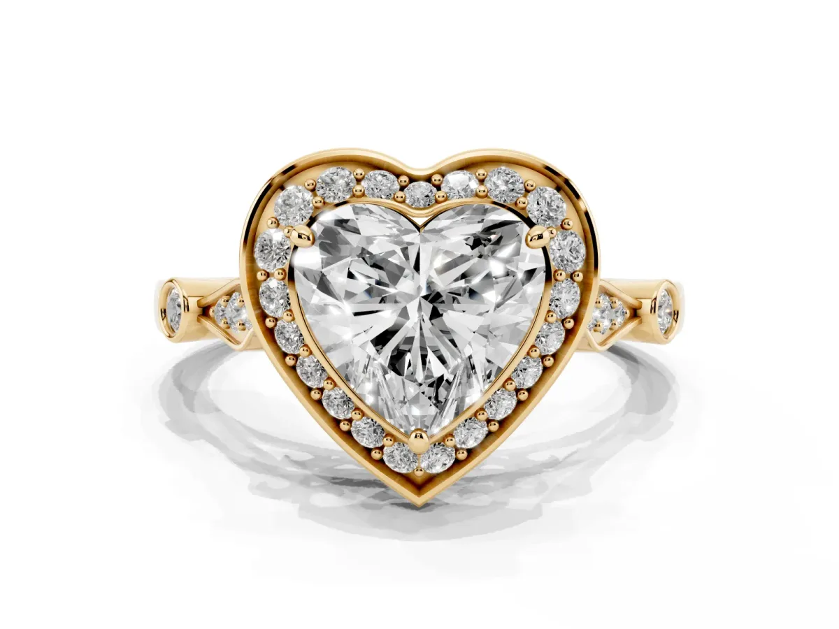 Heart Cut Halo Diamond Engagement Ring with Twisted Band and Four-Prong Setting Yellow gold
