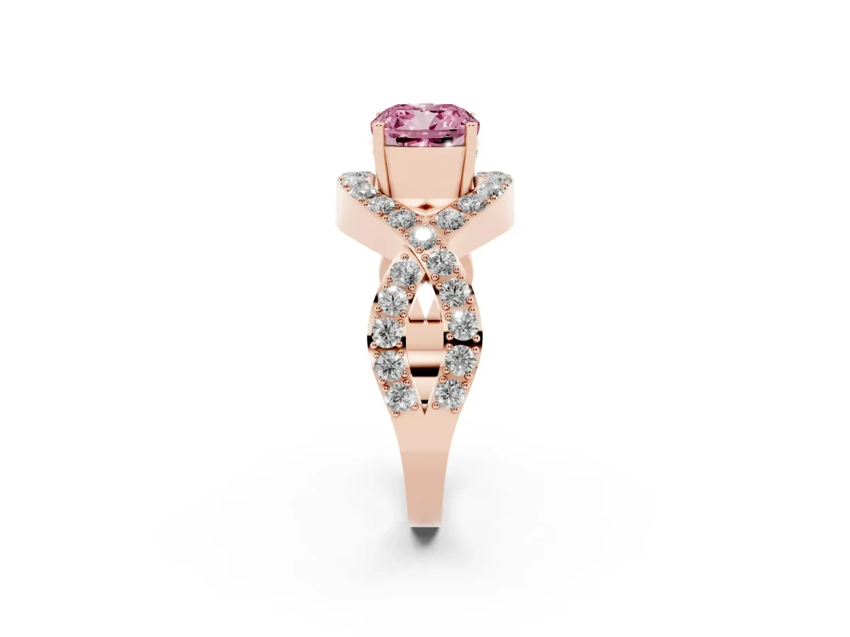 Fancy Pink Cushion Cut Solitaire Twist Band Pavé Diamond Engagement Ring Rose gold