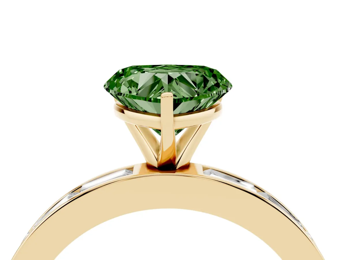 Fancy Green Heart Cut Solitaire Diamond Ring with Channel-Set Baguette Band and Four-Prong Setting Yellow gold