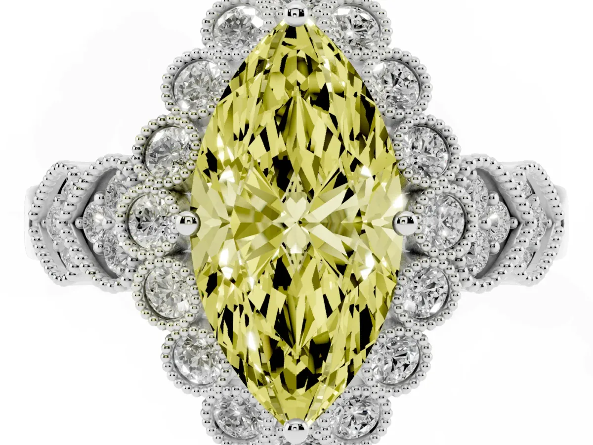 Fancy Yellow Marquise Cut Brilliant Milgrain Pave Heart Band Solitaire Ring Silver