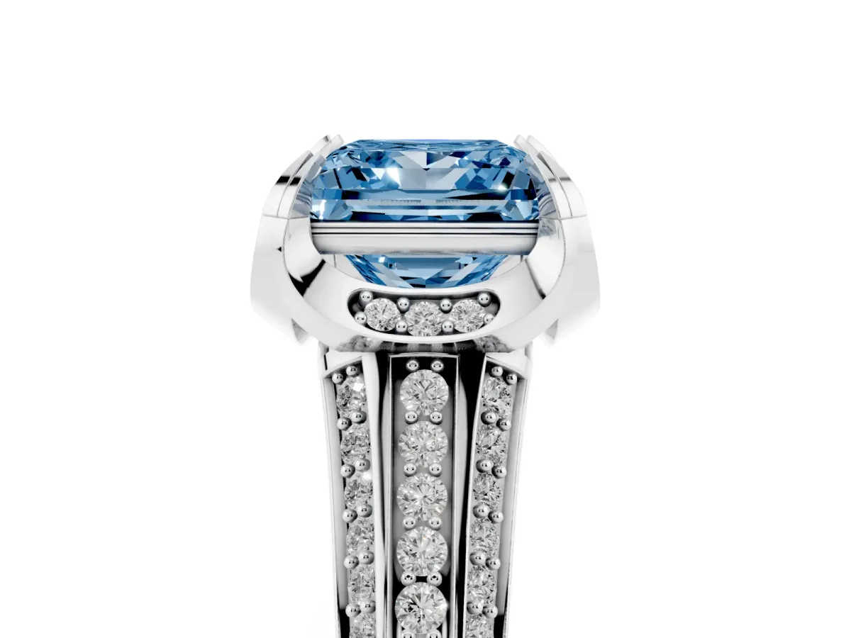 Fancy Blue Princess Cut Solitaire Pave Split Shank Ring with Four-Prong Setting White gold