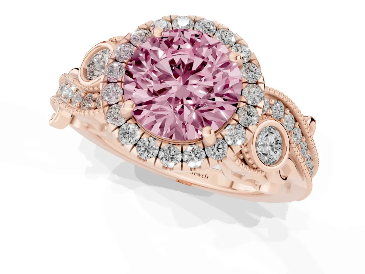 Fancy Pink Round Cut Diamond Halo Ring with Milgrain Pavé Band and Four-Prong Setting Rose gold