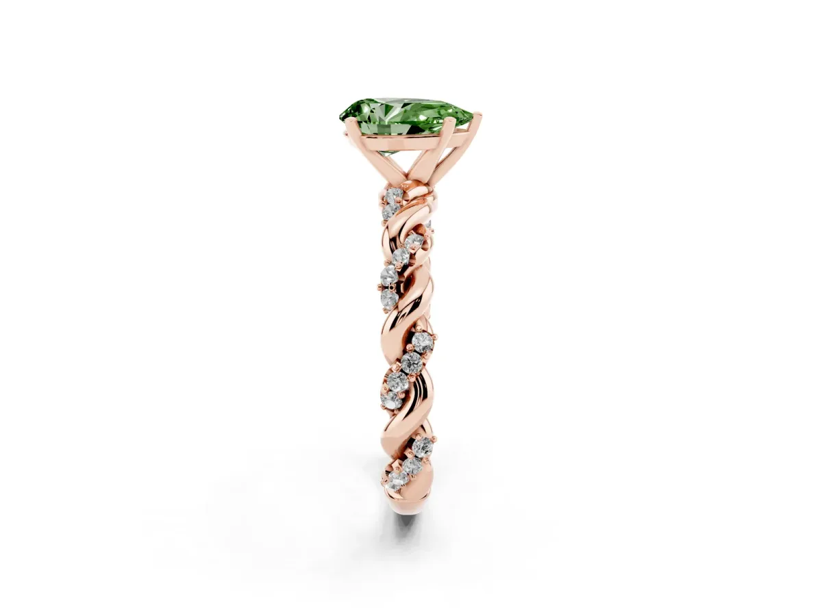 Fancy Green Pear Cut Diamond Solitaire Ring with Twisted Band and Pavé Accents Rose gold