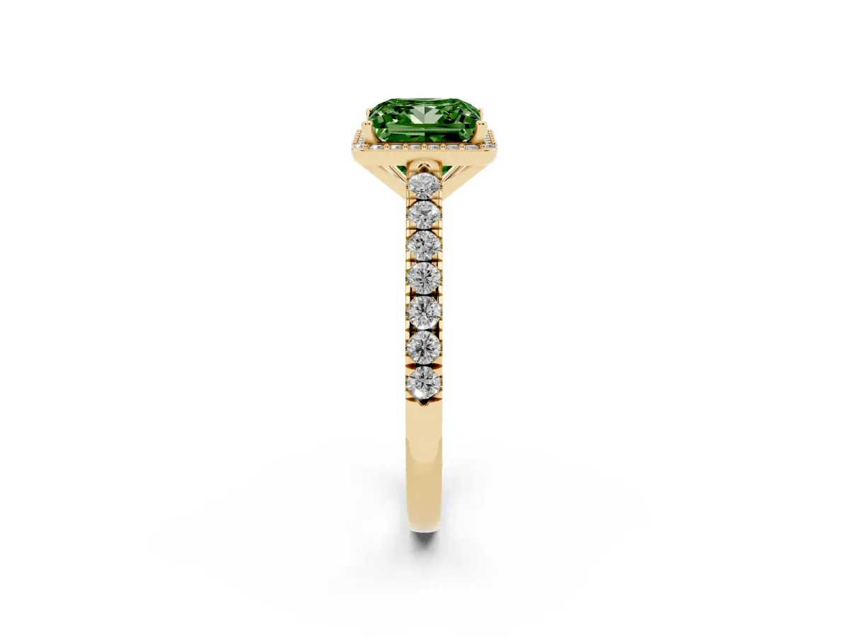 Fancy Green Princess Cut Cut Halo Diamond Engagement Ring with Pave Band and Four-Prong Setting Yellow gold