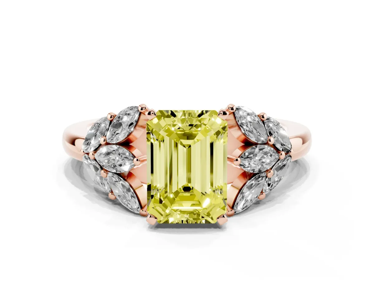 Fancy Yellow Emerald Cut Diamond Cluster Leaf Design Ring with Prong Setting Rose gold