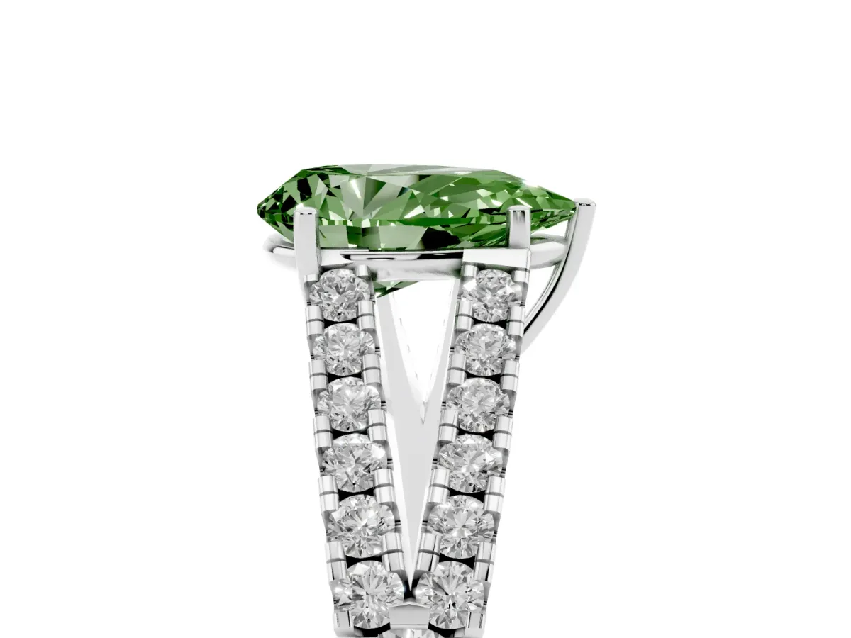 Fancy Green Pear Cut Diamond Split Shank Engagement Ring with Round Pavé and Prong Setting Platinum