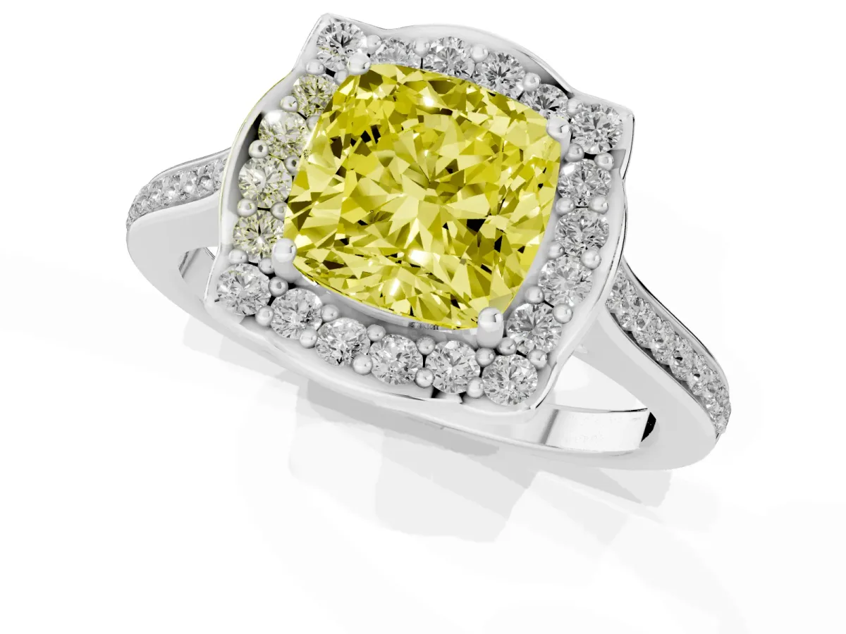 Fancy Yellow Cushion Cut Halo Round Diamond Pave Band with Four-Prong Setting Silver