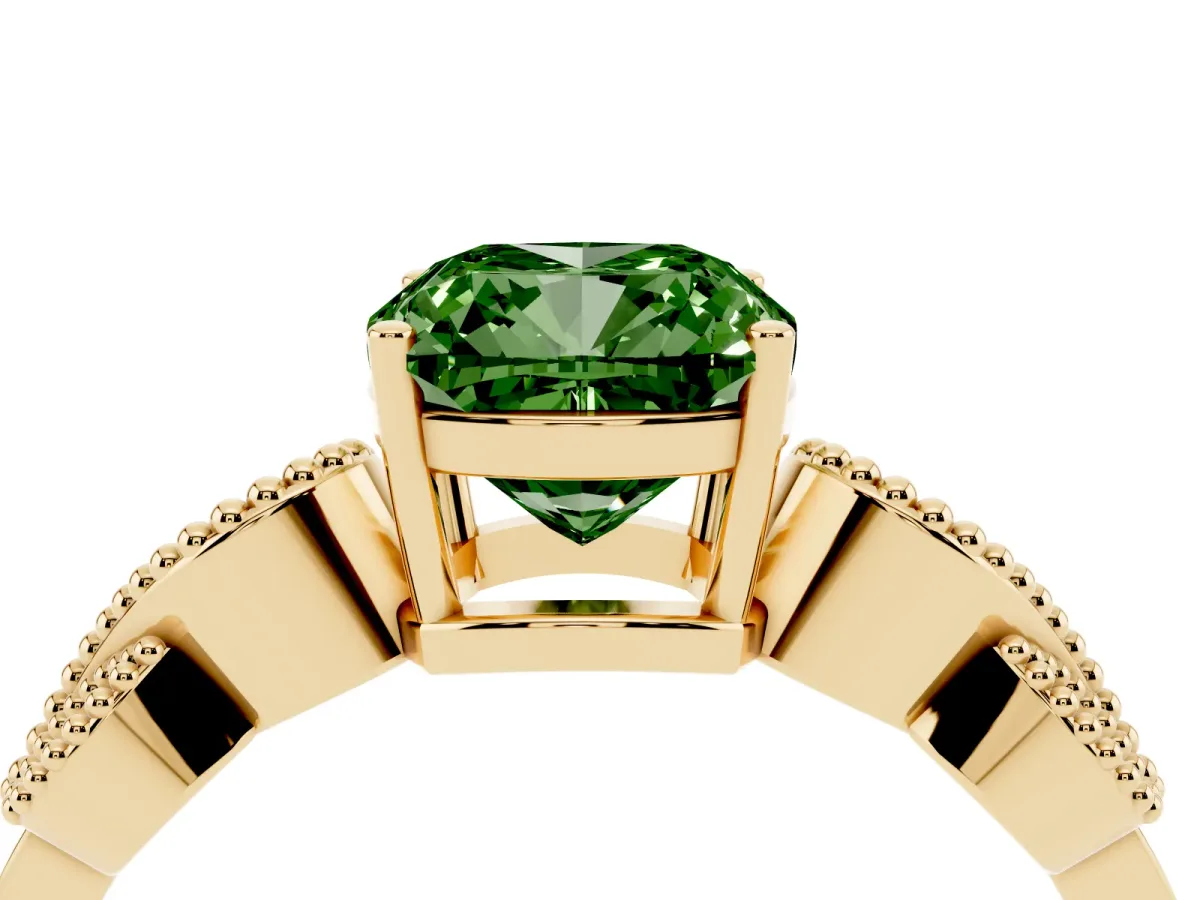 Fancy Green Cushion Cut Solitaire Milgrain Leaf Band with Prong Setting Yellow gold