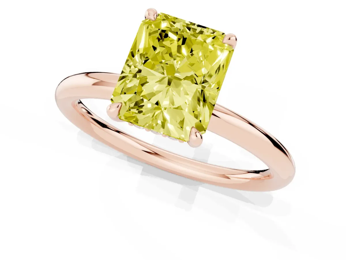Fancy Yellow Radiant Cut Diamond Solitaire Ring with Thin Band and Four-Prong Setting Rose gold