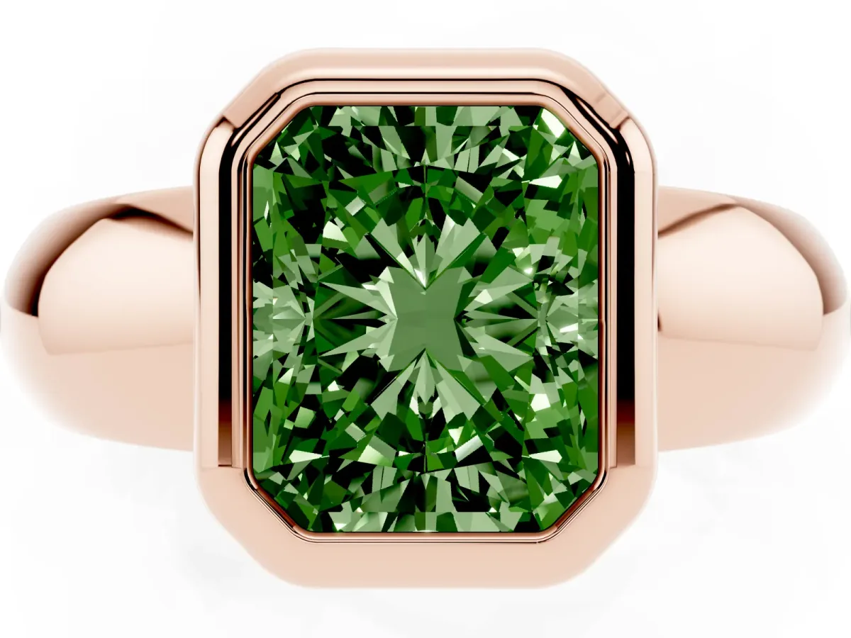 Fancy Green Bezel Set Radiant Cut Solitaire Ring with Wide Band Rose gold