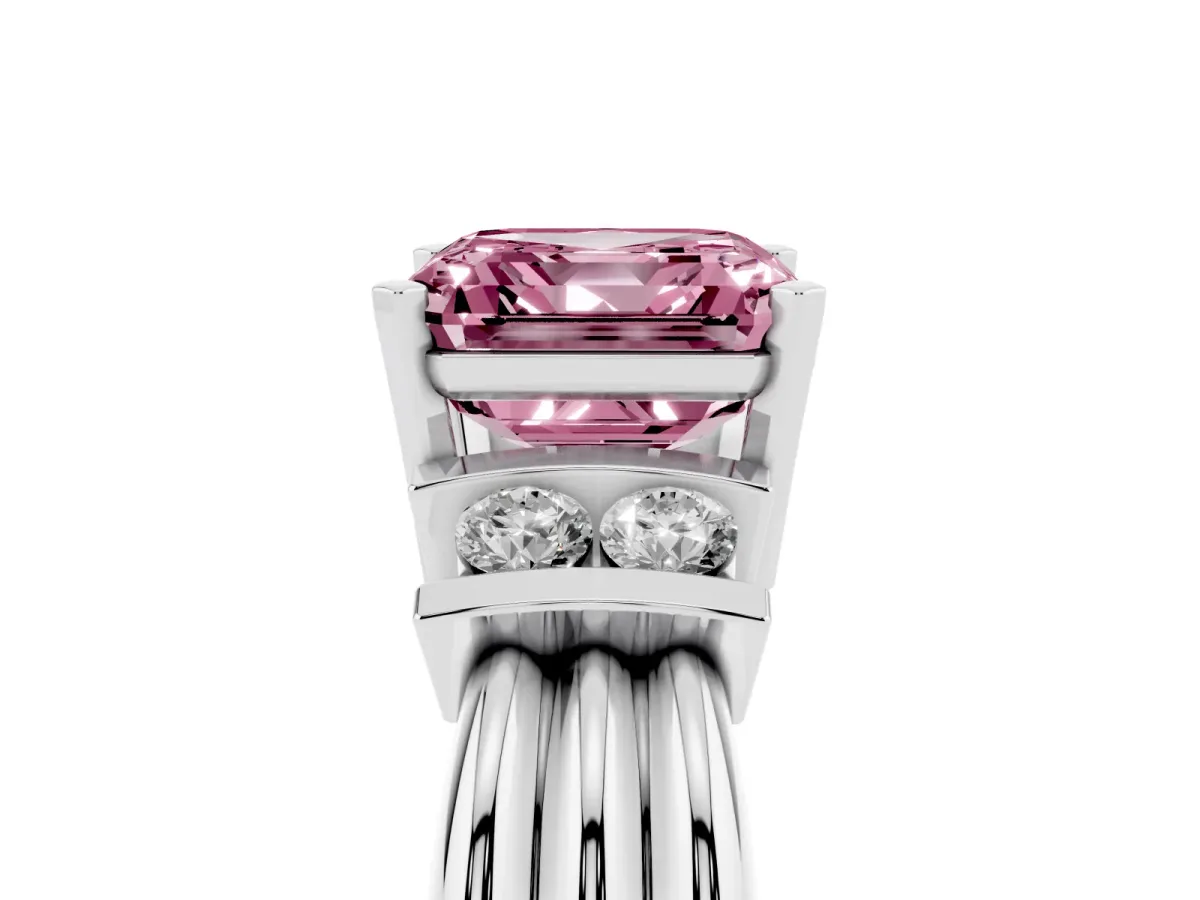 Fancy Pink Asscher Cut Cut Three-Stone Channel Set Ring with Bar Prongs Silver