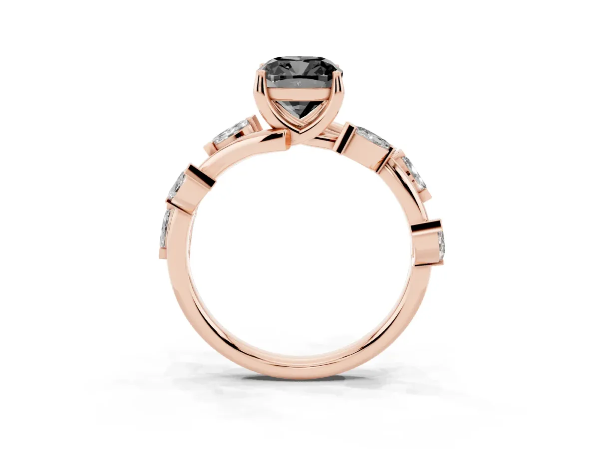 Fancy Black Cushion Cut Solitaire Twisted Band Marquise Accent Prong Setting Ring Rose gold