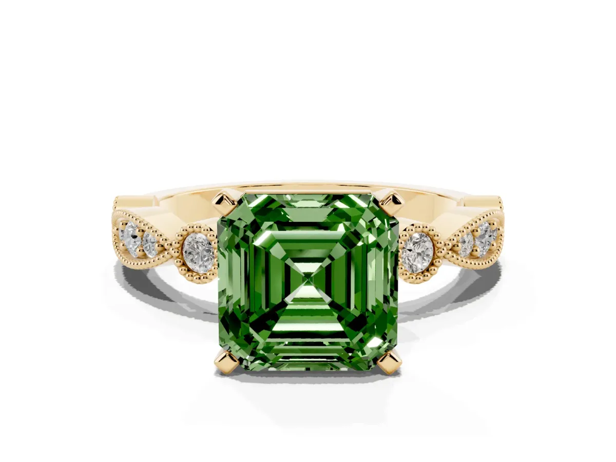 Fancy Green Asscher Cut Milgrain Bezel Diamond Engagement Ring with Solitaire Prong Setting Yellow gold