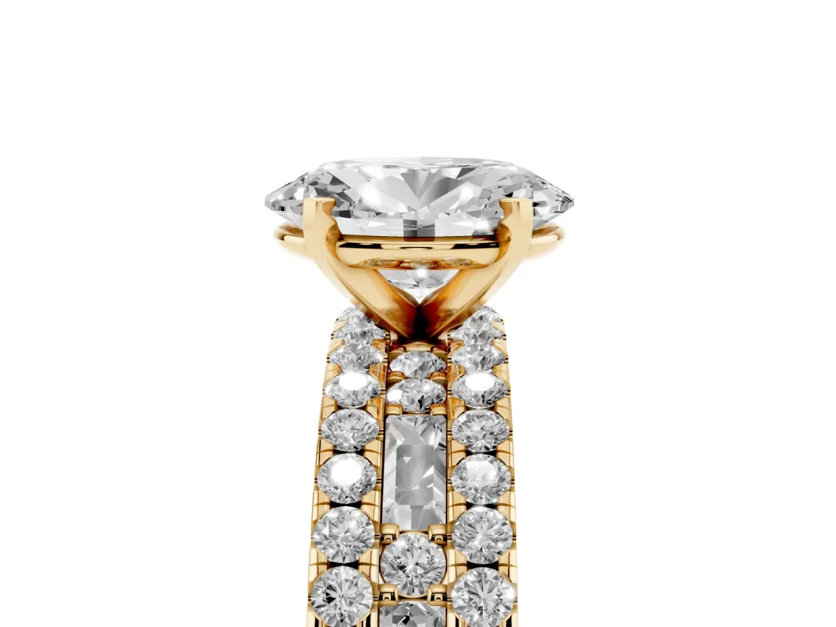 Oval Cut Diamond Solitaire Ring with Pavé and Channel Set Band Yellow gold