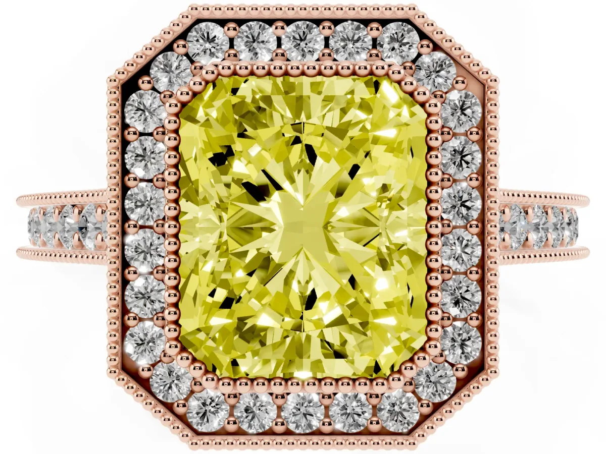 Fancy Yellow Halo Radiant Cut-Cut Diamond Pave Band Milgrain Prong Setting Ring Rose gold