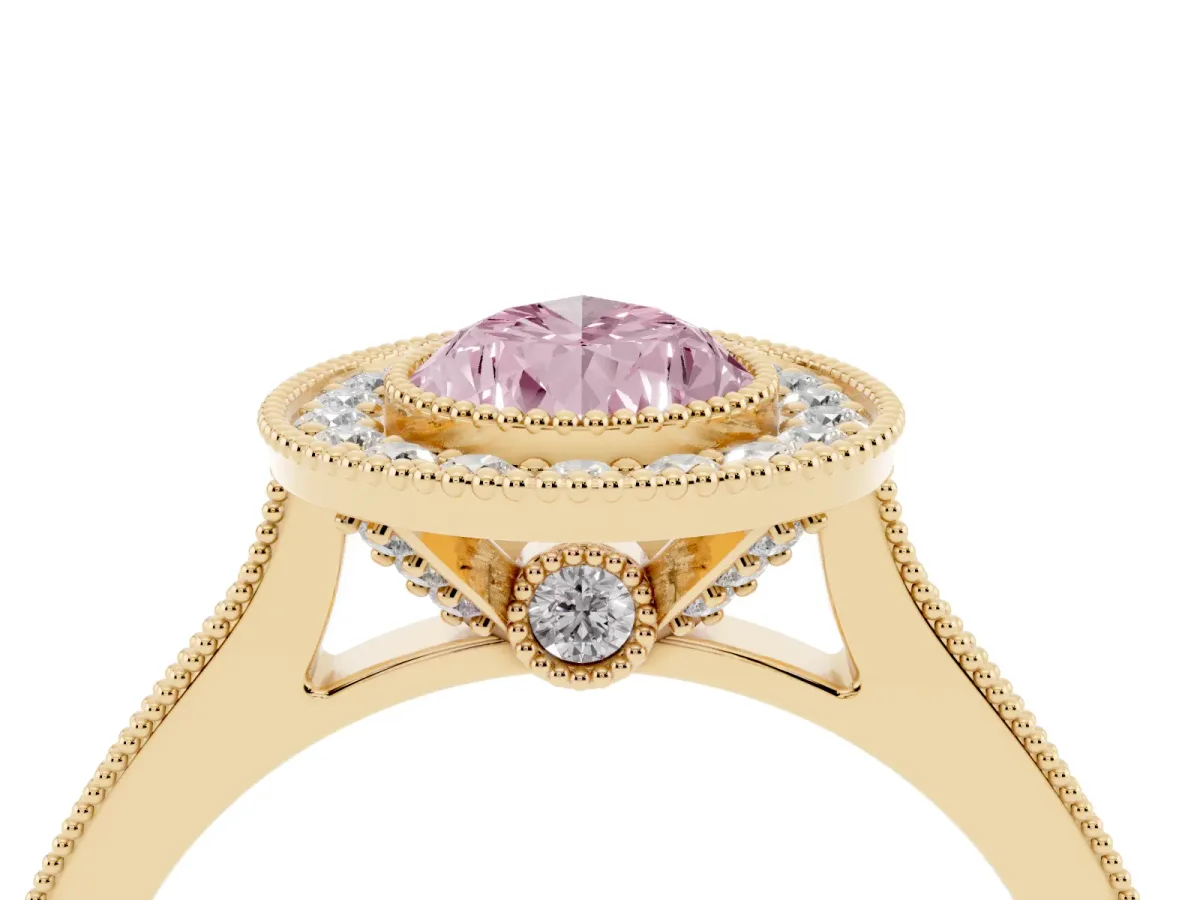 Fancy Pink Halo Pear Cut-Cut Diamond Pave Band Milgrain Prong Setting Ring Yellow gold