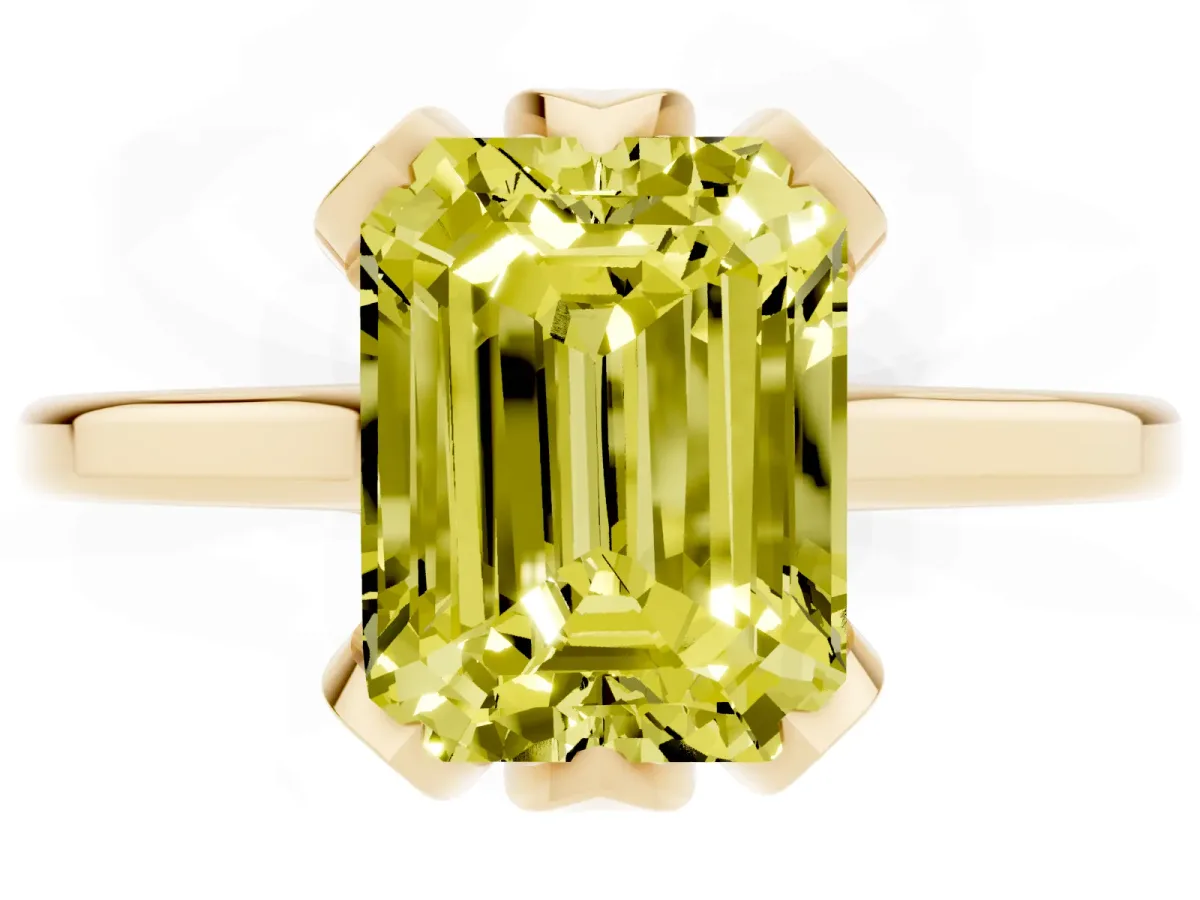 Fancy Yellow Emerald Cut Diamond Solitaire Ring with Flower Prong Setting and Classic Band Yellow gold