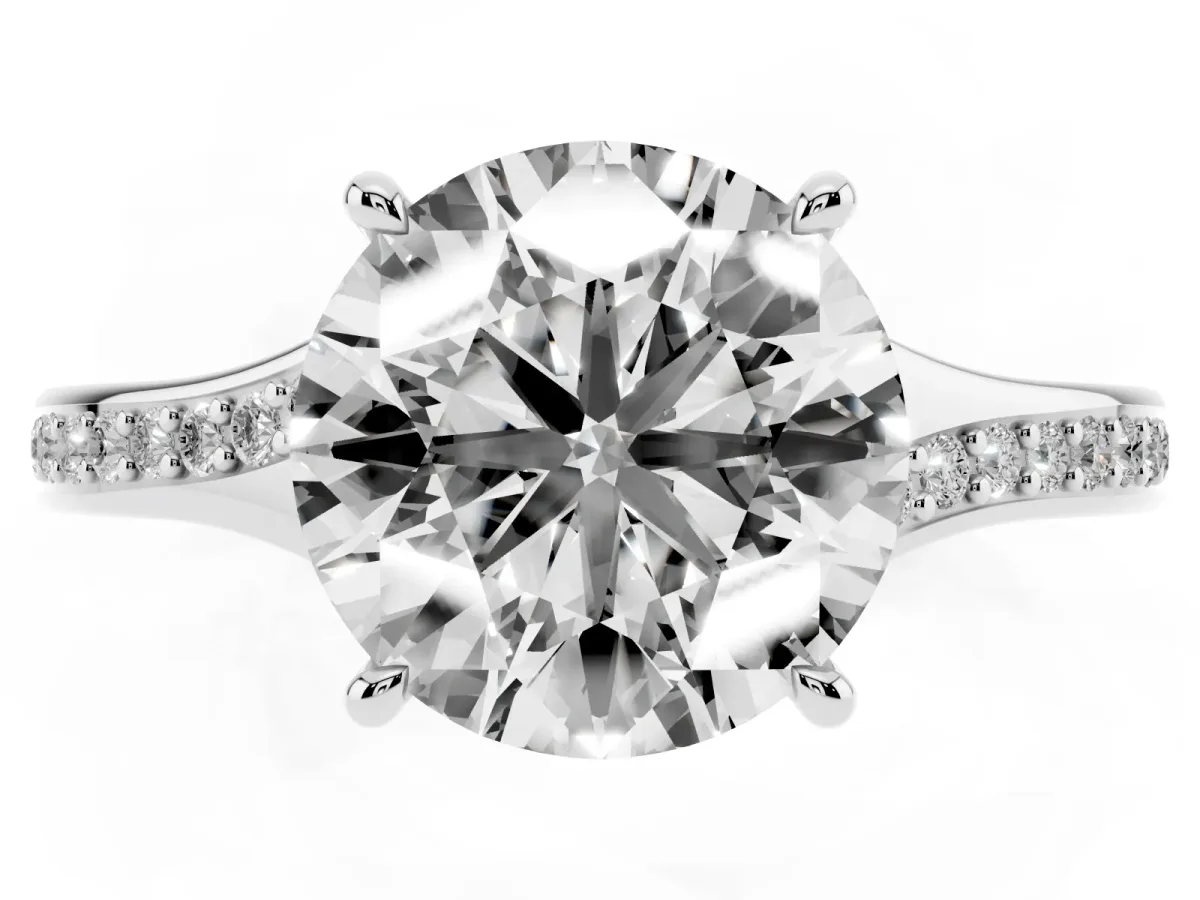Round Cut Diamond Solitaire Ring with Pavé Band and Prong Setting Platinum