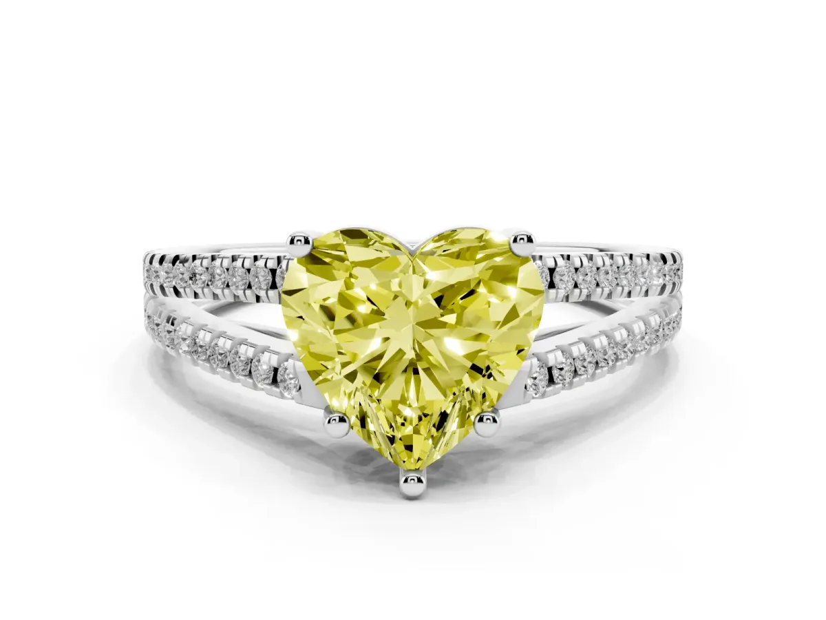 Fancy Yellow Heart Cut Diamond Solitaire Engagement Ring with Split Shank Pavé Band Silver