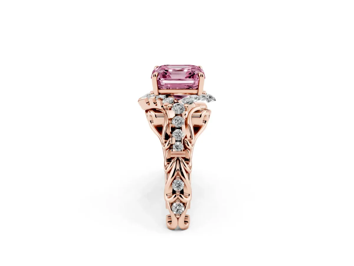 Fancy Pink Asscher Cut Diamond Solitaire Ring with Hidden Halo and Pavé Band Rose gold