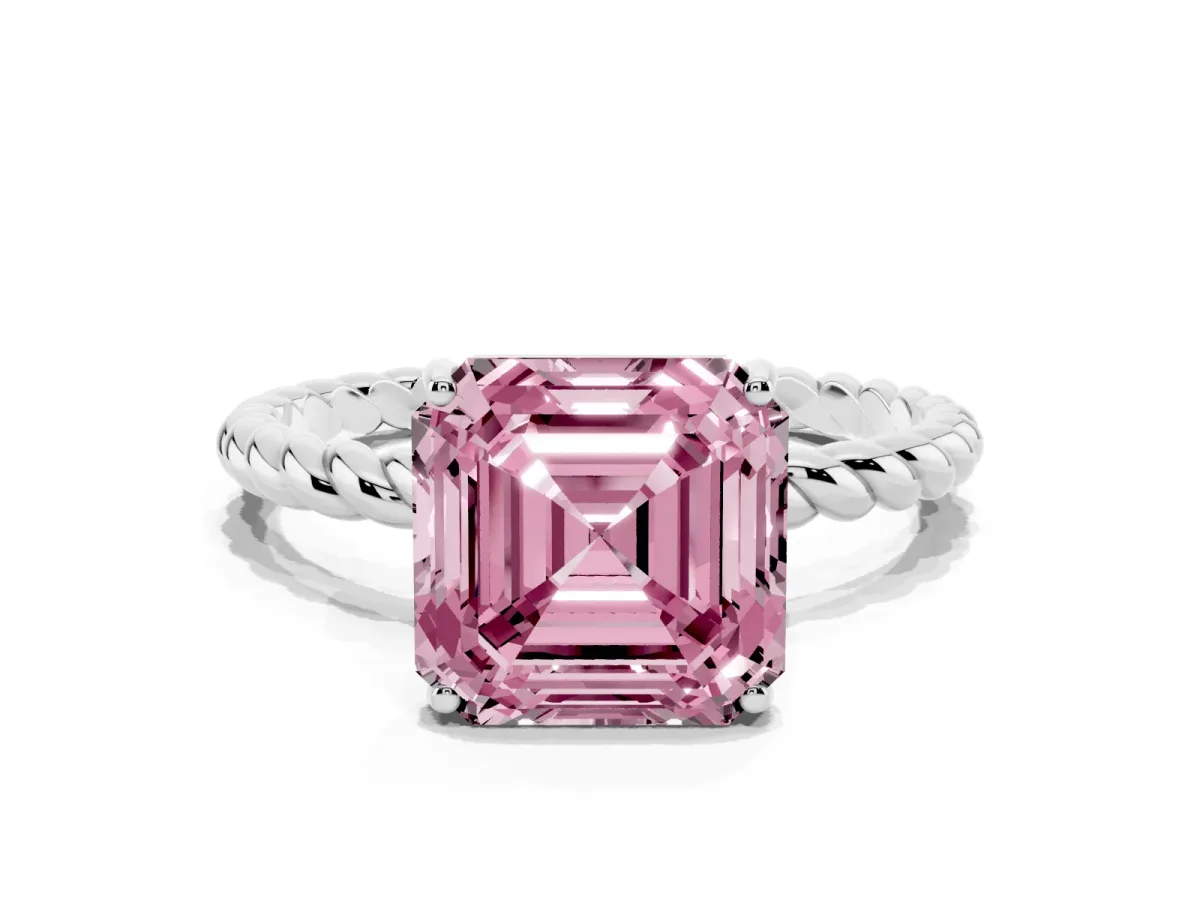 Fancy Pink Asscher Cut Solitaire Twisted Band 4-Prong Ring White gold