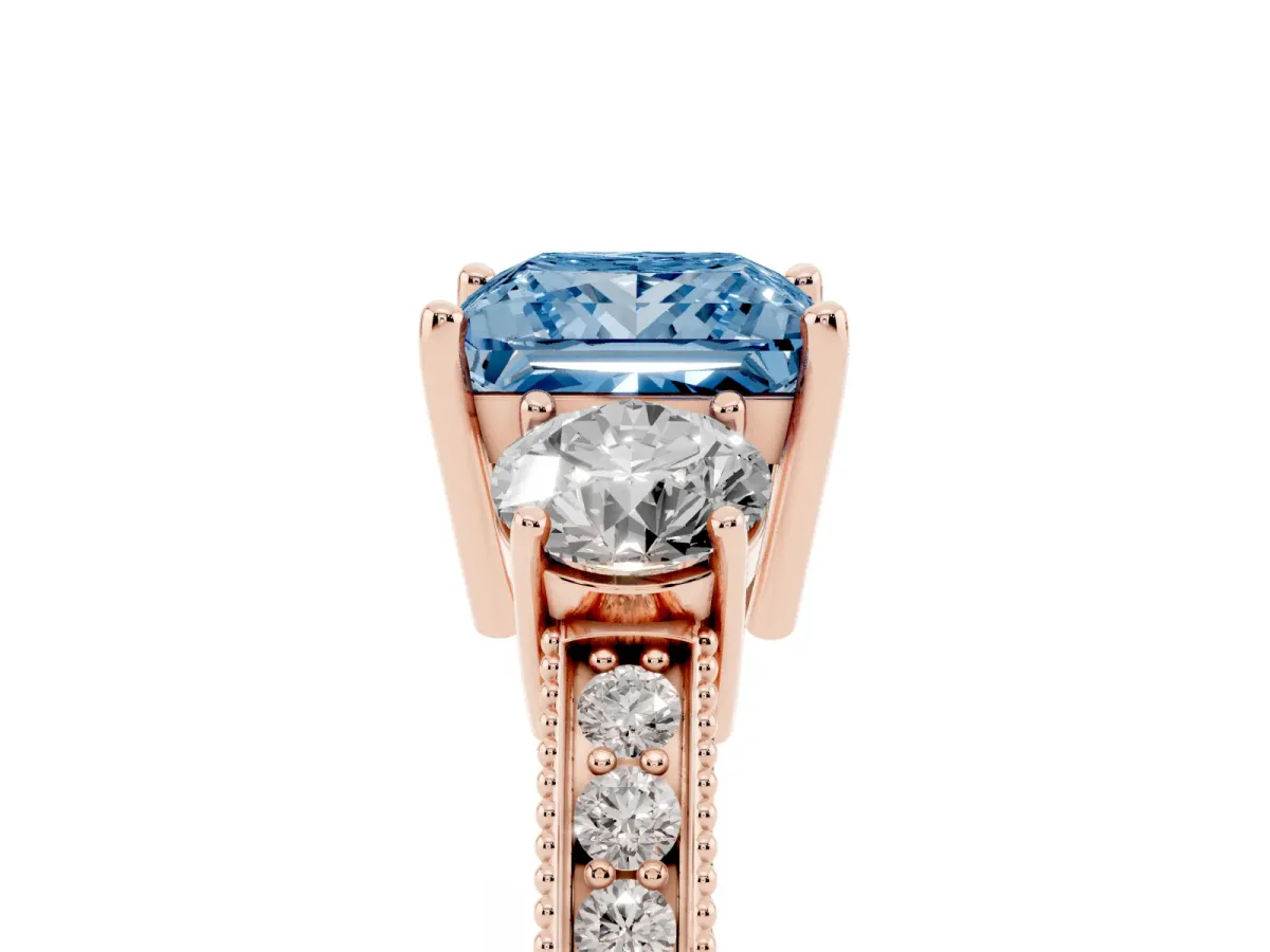 Fancy Blue Princess Cut Three-Stone Diamond Ring with Pavé Band and Four-Prong Setting Rose gold