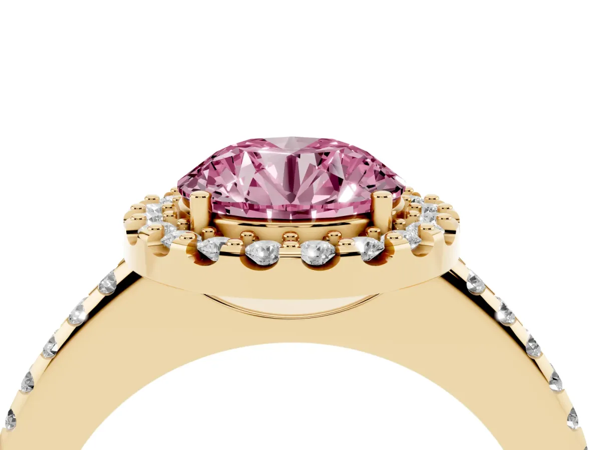 Fancy Pink Round Cut Diamond Pavé Halo Ring with Four-Prong Setting Yellow gold