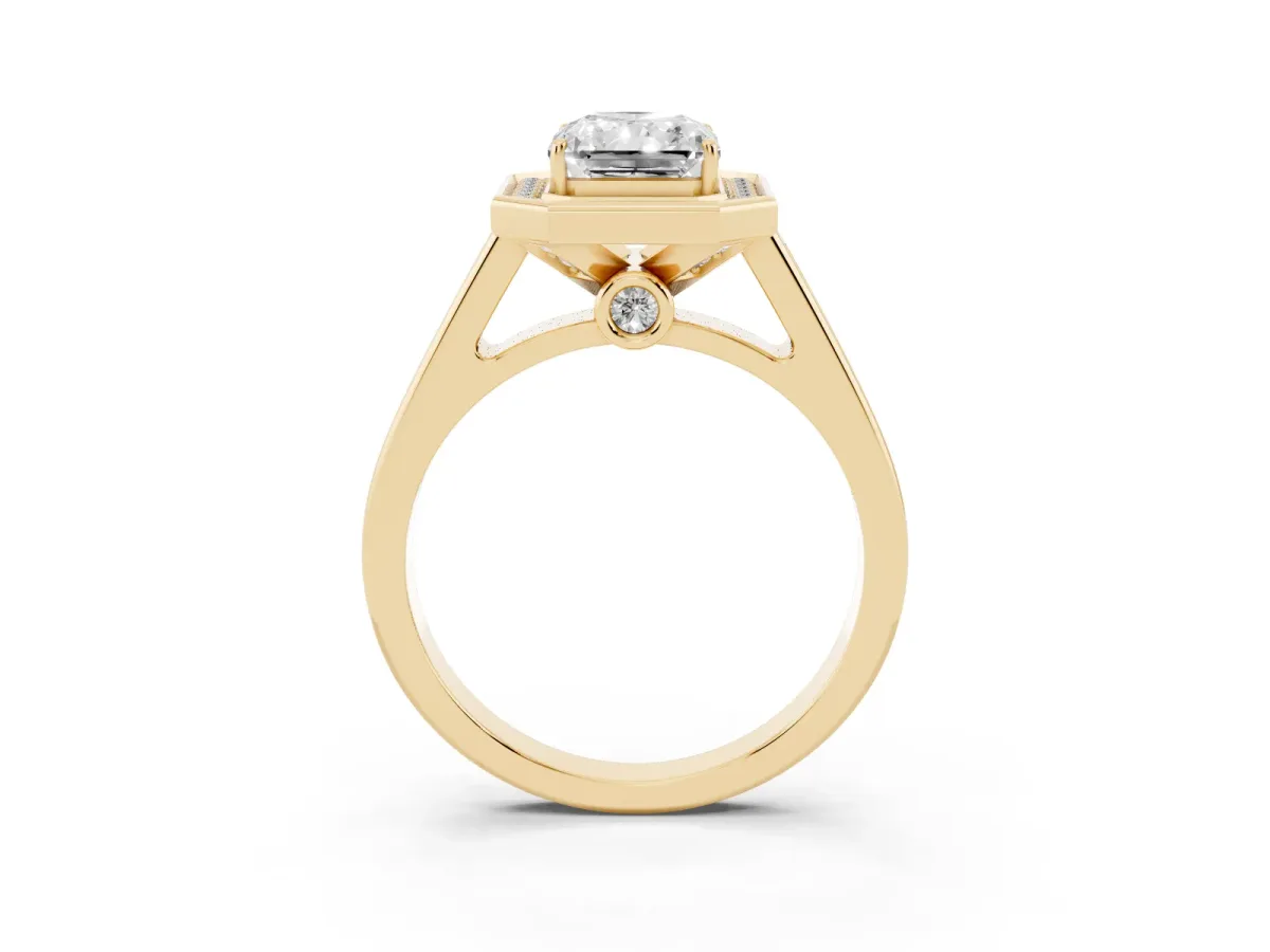 Emerald Cut Halo Solitaire Diamond Ring with Pave Band and Bezel Setting Yellow gold