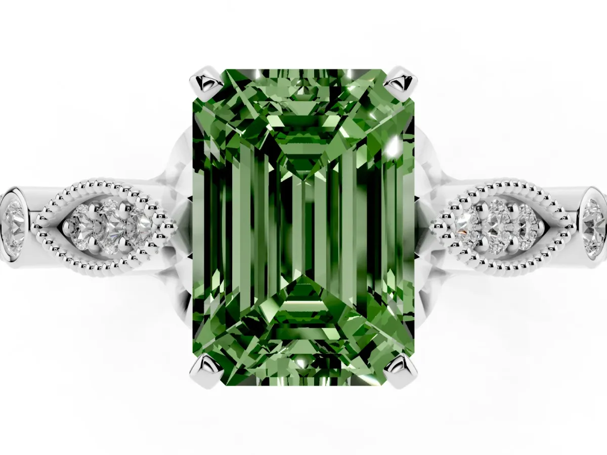 Fancy Green Emerald Cut Cut Diamond with Milgrain Marquise and Bezel Accents on a Solitaire Band with Prong Setting Silver