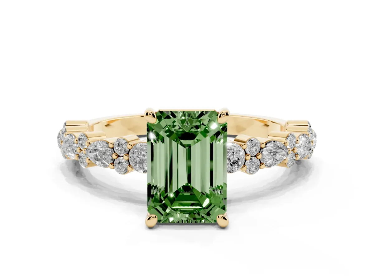 Fancy Green Emerald Cut Diamond Side Stone Solitaire Ring with Round and Four-Prong Setting Yellow gold