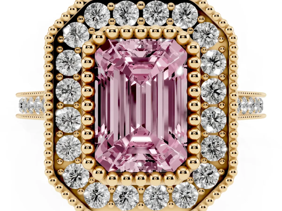 Fancy Pink Emerald Cut Diamond Halo Ring with Milgrain Frame and Pavé Band Yellow gold